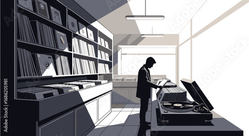 Man browsing vinyl records in a minimalist record store scene
