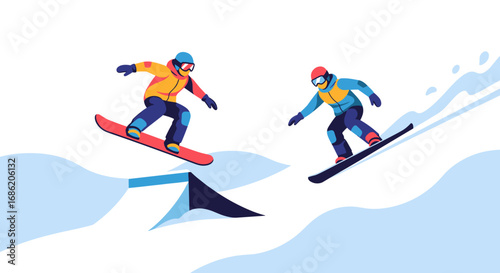 Two snowboarders performing tricks on a snowy mountain slope