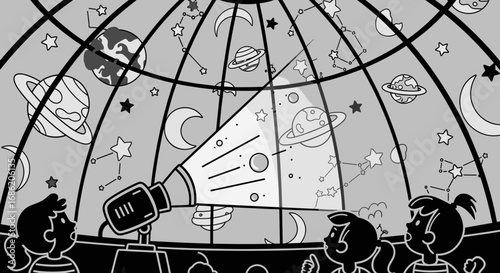 Children watching a planetarium show with planets and stars