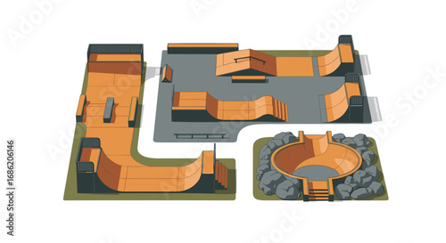 Overhead view of a skate park with various ramps and obstacles