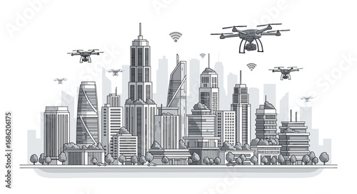 Drones flying over a modern city skyline with wifi signals