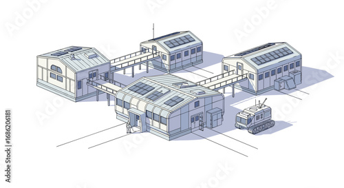 Isometric view of interconnected buildings with solar panels