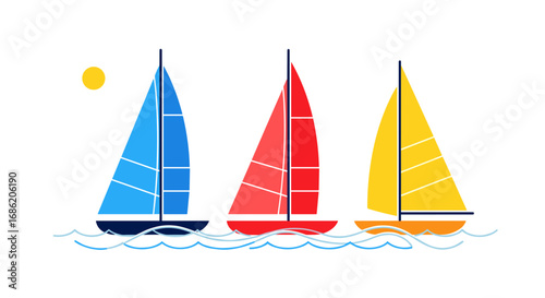 Illustration of three sailboats with different colored sails