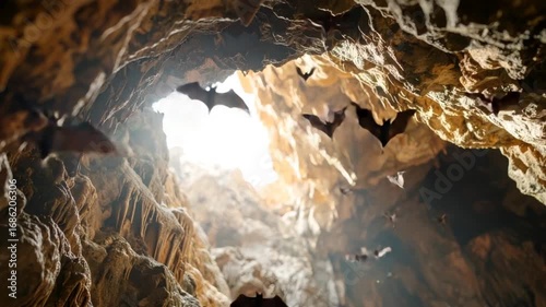 Bats flying out of cave entrance against bright daylight background