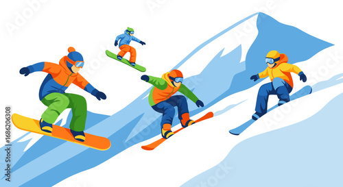 Group of skiers and snowboarders riding down a snowy mountain