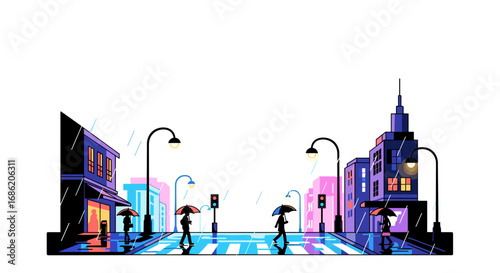 City street scene in the rain with people holding umbrellas