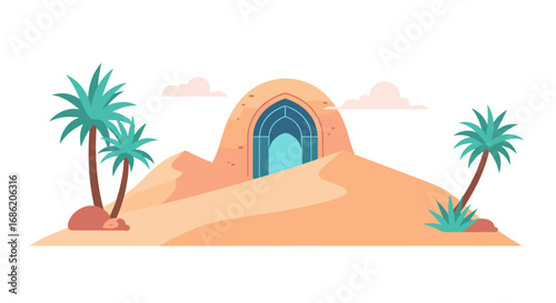 Desert landscape with portal and palm trees against white sky
