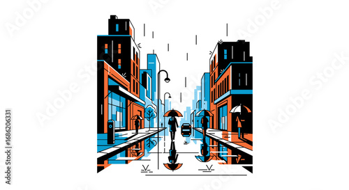 People with umbrellas walking on a rainy city street scene