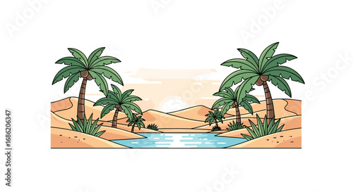 Oasis landscape with palm trees and water in the desert sand