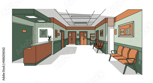 Illustration of a hospital waiting room with chairs and desk