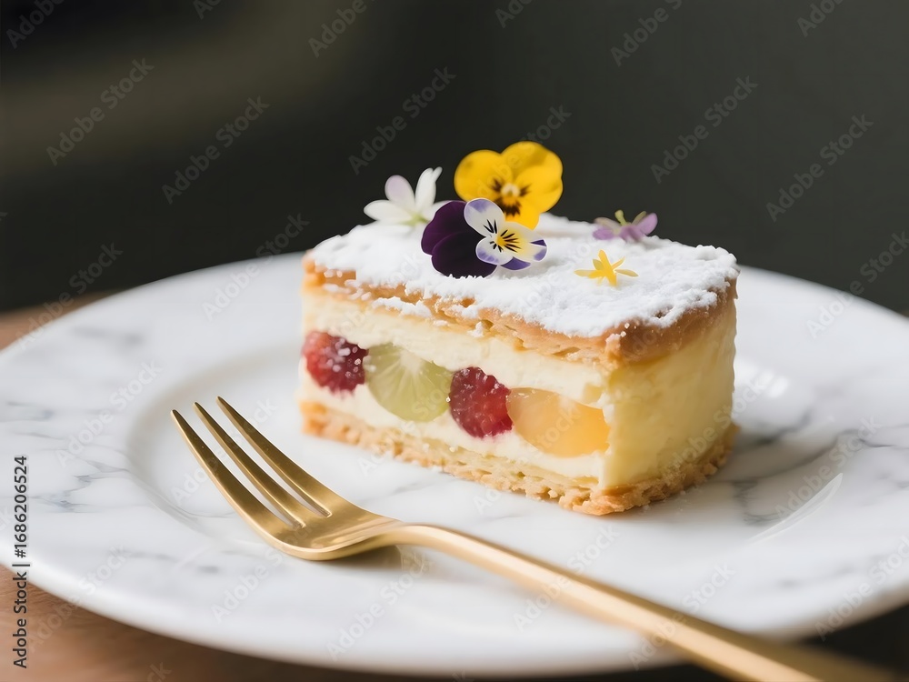 A slice of decorated fruit pastry on a white plate with a gold fork. A slice of decorated fruit pastry on a white plate with a gold fork.