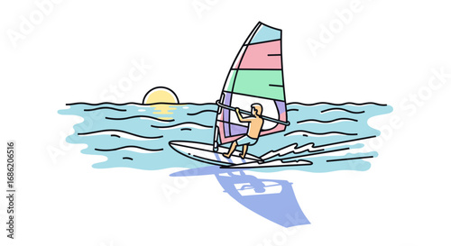 Illustration of a windsurfer sailing on the ocean at sunset