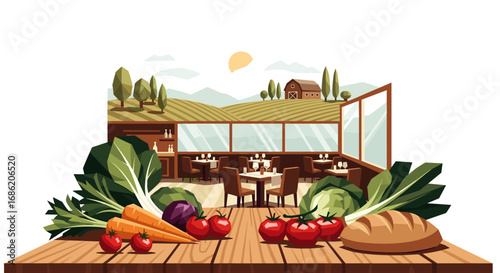 Farm to table restaurant with fresh produce on wooden table