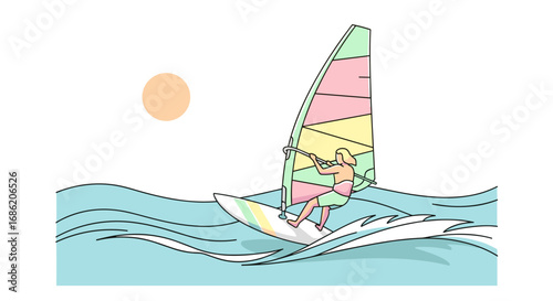 Illustration of a windsurfer on the ocean with a colorful sail