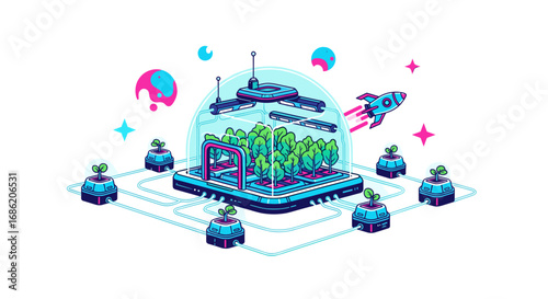 Isometric view of futuristic hydroponic garden in space with rocket