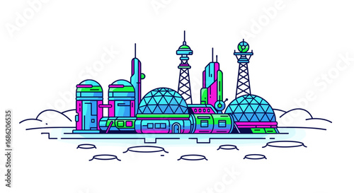 Illustration of a futuristic city with domes and towers art