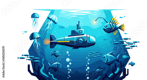 Illustration of a submarine underwater with marine wildlife