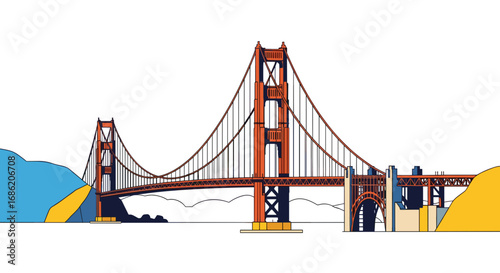 Illustration of the golden gate bridge with blue and yellow