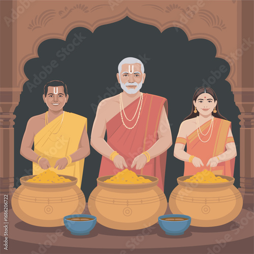 Indian Temple Kitchen Staff Preparing Food in Pots Vector Illustration