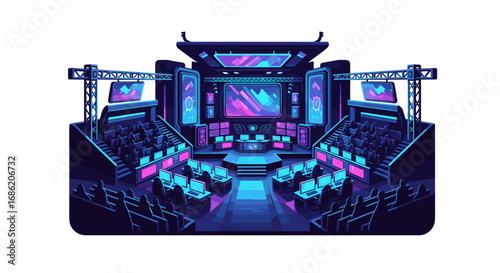 Illustration of a gaming arena with stage and audience seats