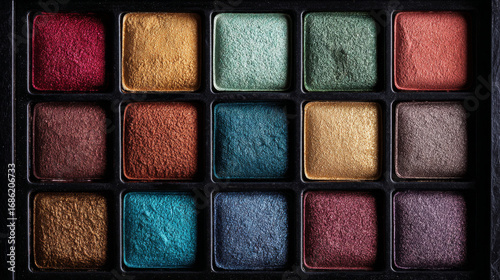 Colorful makeup palette featuring various eye shadows in vibrant shades, perfect for creative makeup looks and artistic expression
