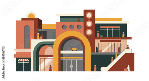 Illustration of a colorful modern shopping mall with people