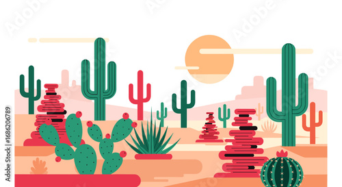 Illustration of a desert landscape with various types of cacti