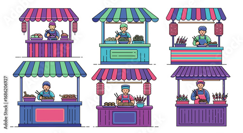 Illustration of six different food vendor stands with vendors