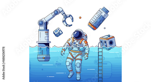 Astronaut floating in water with robotic arm and equipment