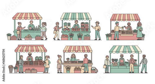 Illustration of people shopping at outdoor market stalls scene