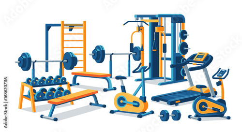 Illustration of various gym equipment in a fitness center