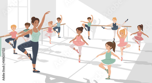 Ballet class with instructor and children practicing at barre