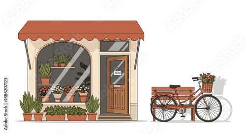 Illustration of a flower shop with bicycle and open sign
