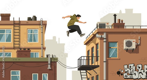 Man doing parkour jumping between rooftops in an urban area