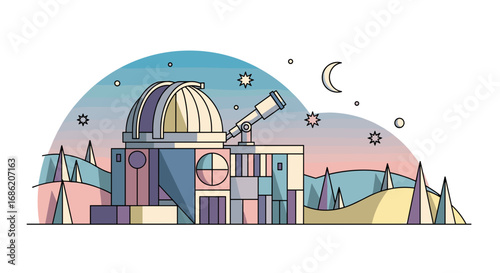 Illustration of an observatory with a telescope and night sky
