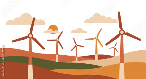 Wind turbines on hills with sun and clouds in a simple style