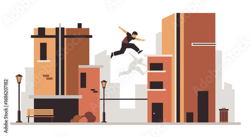 Man jumping between buildings in an urban city environment
