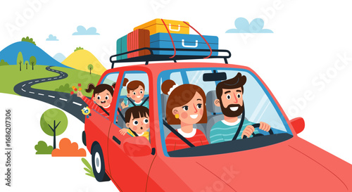 Family road trip in a red car with luggage on the roof rack