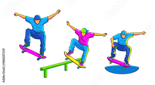 Three skateboarders performing tricks on various obstacles