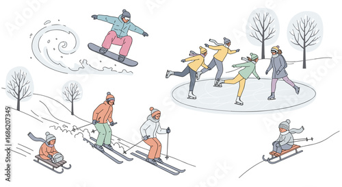 People enjoying winter activities like skiing and ice skating