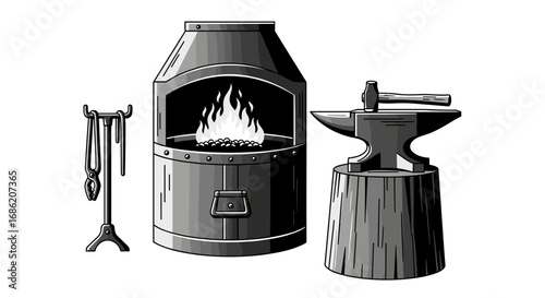 Illustration of a blacksmith forge with anvil and tools set