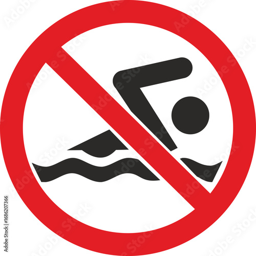 Prohibited swimming area illustrated with restriction icon in red circle. This swimming restriction is crucial for safety in dangerous waters, preventing accidents in aquatic environment.