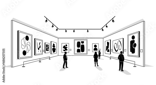 People viewing abstract art in a modern art museum gallery