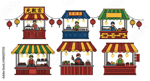 Illustration of various food vendors in colorful market stalls