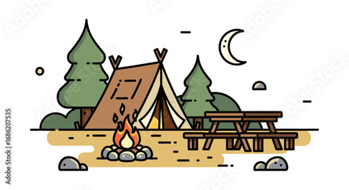 Illustration of a campsite with tent campfire and picnic table