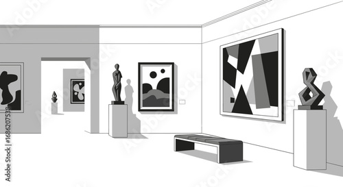 A museum gallery with paintings sculptures and a bench inside