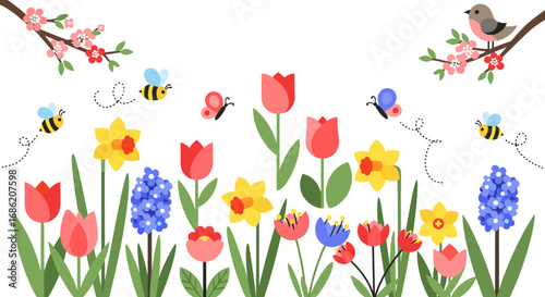 Illustration of spring flowers with bees and a small bird on tree