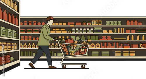 Man pushing a shopping cart full of groceries in a store aisle