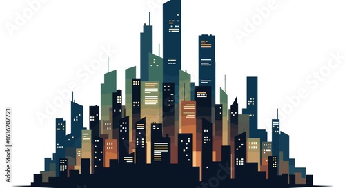 Illustration of a stylized city skyline with tall buildings