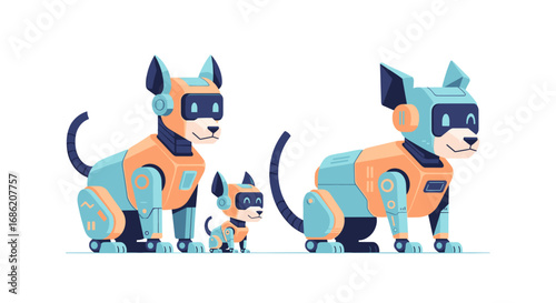 Illustration of three robotic dogs in different sizes standing